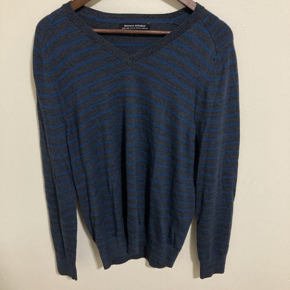 Banana Republic Mens Sweater Large 100% Merino Wool V Neck Striped Gray Blue